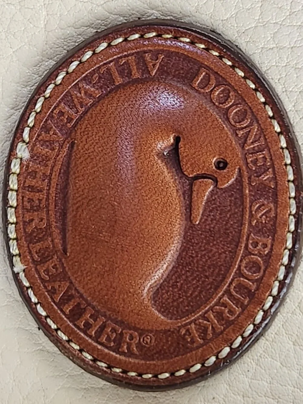 VTG Dooney & Bourke Leather Satchel Cream Pebble Body Tan Trim Brass Duck Fob US